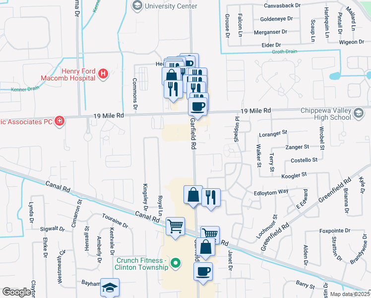 map of restaurants, bars, coffee shops, grocery stores, and more near 42615 Garfield Road in Clinton Township