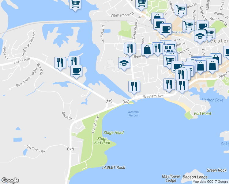 map of restaurants, bars, coffee shops, grocery stores, and more near 111R Western Ave in Gloucester