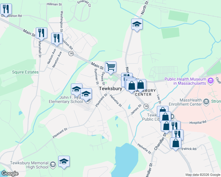 map of restaurants, bars, coffee shops, grocery stores, and more near in Tewksbury