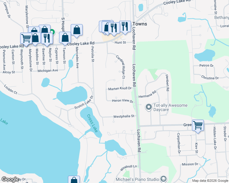 map of restaurants, bars, coffee shops, grocery stores, and more near 6605 Marten Knoll Drive in West Bloomfield Township