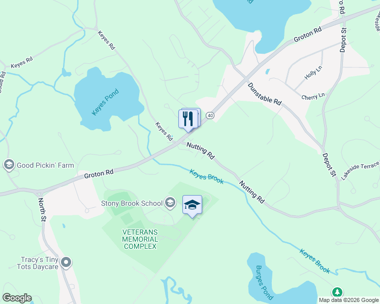 map of restaurants, bars, coffee shops, grocery stores, and more near 100 Nutting Road in Westford