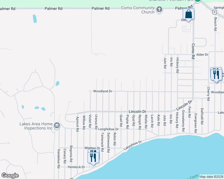 map of restaurants, bars, coffee shops, grocery stores, and more near W4038 Woodland Drive in Lake Geneva