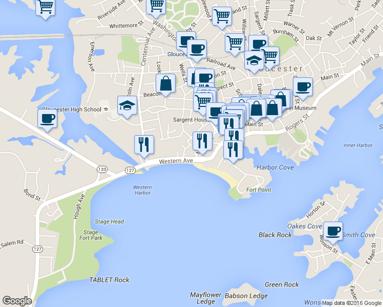 map of restaurants, bars, coffee shops, grocery stores, and more near 45 Western Avenue in Gloucester
