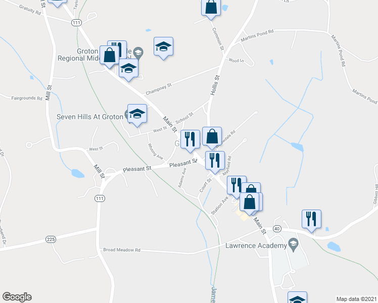 map of restaurants, bars, coffee shops, grocery stores, and more near in Groton
