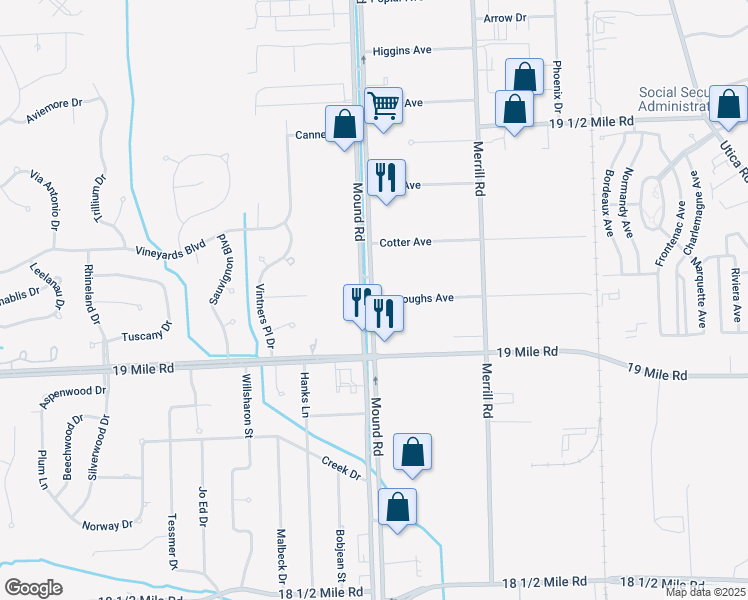 map of restaurants, bars, coffee shops, grocery stores, and more near 43112 Mound Road in Sterling Heights