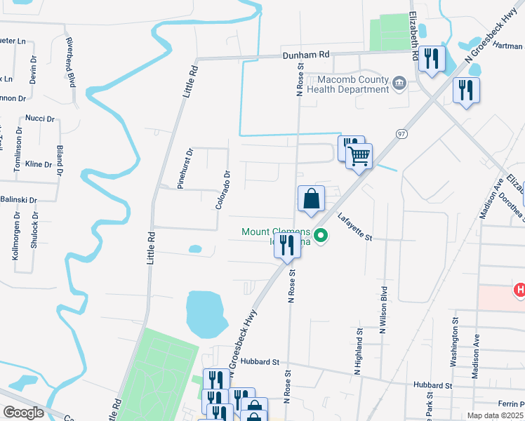 map of restaurants, bars, coffee shops, grocery stores, and more near 42 Ellwood Street in Mount Clemens