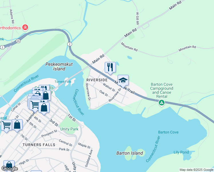 map of restaurants, bars, coffee shops, grocery stores, and more near 11 Walnut Street in Gill