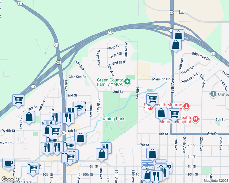 map of restaurants, bars, coffee shops, grocery stores, and more near 1232 2nd Street in Monroe