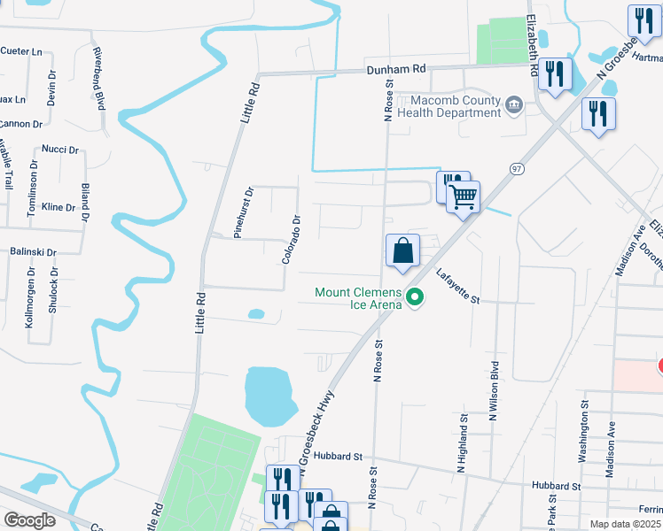 map of restaurants, bars, coffee shops, grocery stores, and more near 42 Ellwood Street in Mount Clemens