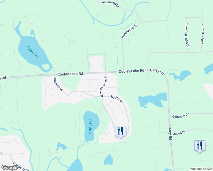 map of restaurants, bars, coffee shops, grocery stores, and more near 6142 Majestic Oaks Drive in Commerce Charter Township