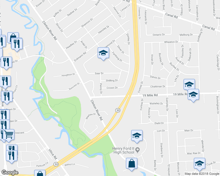 map of restaurants, bars, coffee shops, grocery stores, and more near 11405 Crown Drive in Sterling Heights