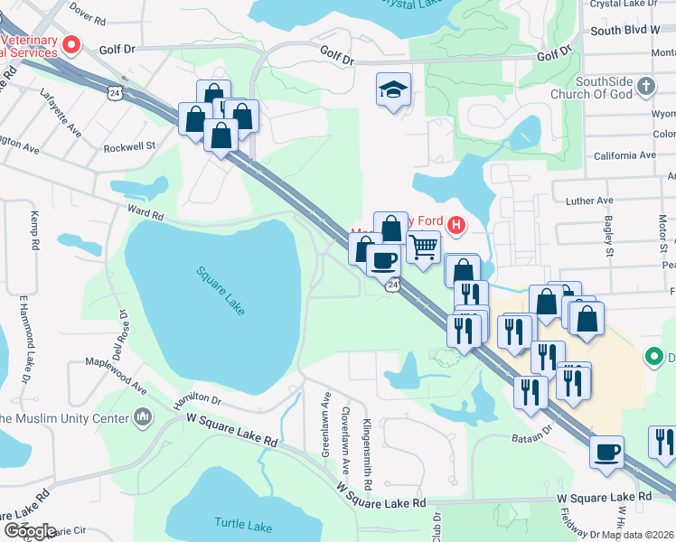 map of restaurants, bars, coffee shops, grocery stores, and more near 1989 Klingensmith Road in Bloomfield Township