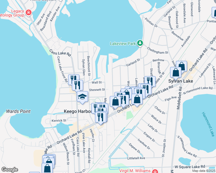 map of restaurants, bars, coffee shops, grocery stores, and more near 1946 Maddy Lane in Keego Harbor