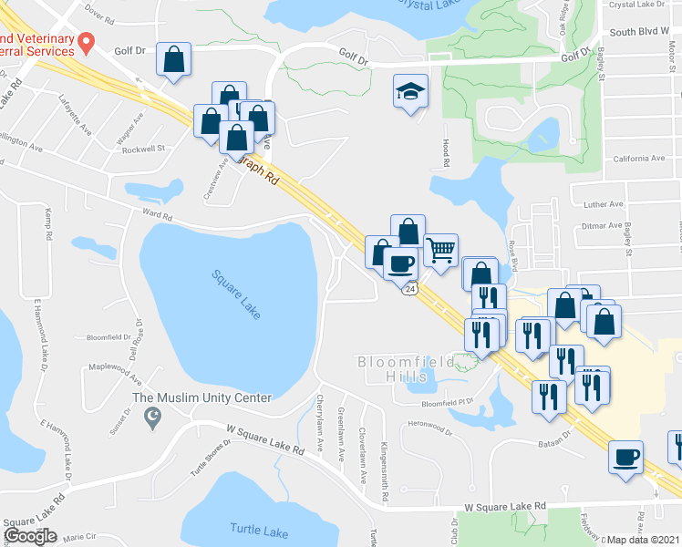 map of restaurants, bars, coffee shops, grocery stores, and more near 1989 Klingensmith Road in Bloomfield Township