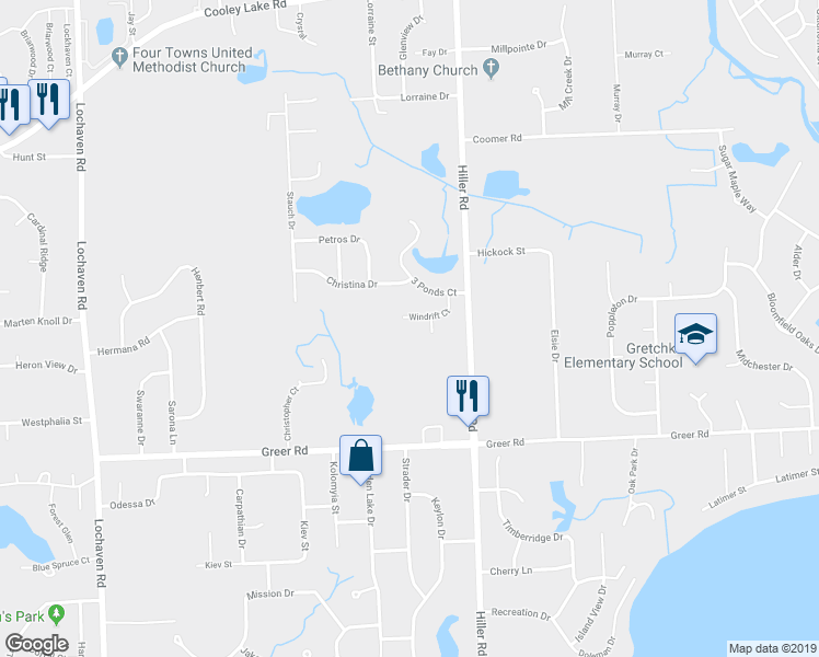 map of restaurants, bars, coffee shops, grocery stores, and more near 5837 Windrift Court in West Bloomfield Township