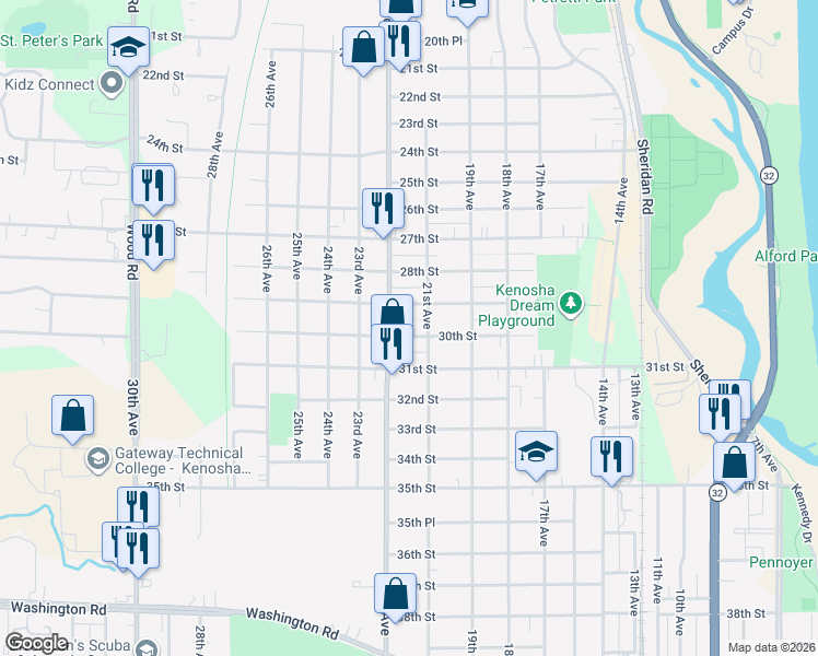 map of restaurants, bars, coffee shops, grocery stores, and more near 2127 30th Street in Kenosha