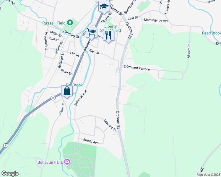 map of restaurants, bars, coffee shops, grocery stores, and more near 85 Orchard Street in Adams