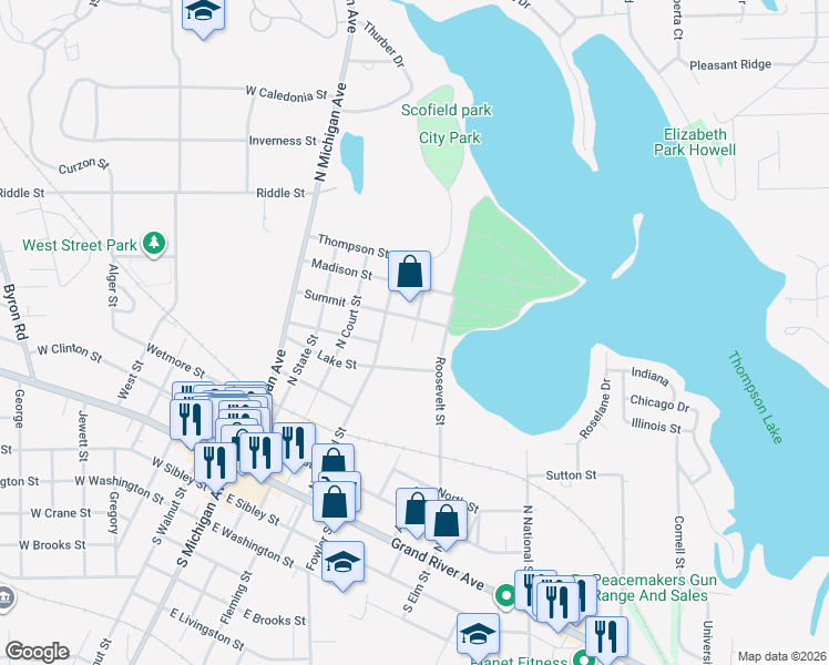 map of restaurants, bars, coffee shops, grocery stores, and more near 613 Bates Street in Howell