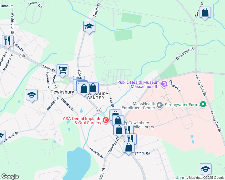 map of restaurants, bars, coffee shops, grocery stores, and more near 18 Lee Street in Tewksbury