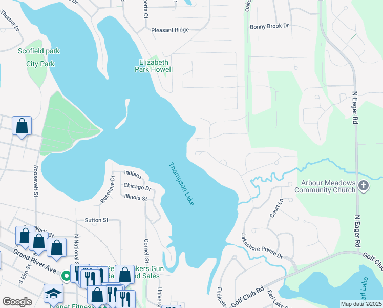 map of restaurants, bars, coffee shops, grocery stores, and more near 489 Lakeshore Pointe Drive in Howell