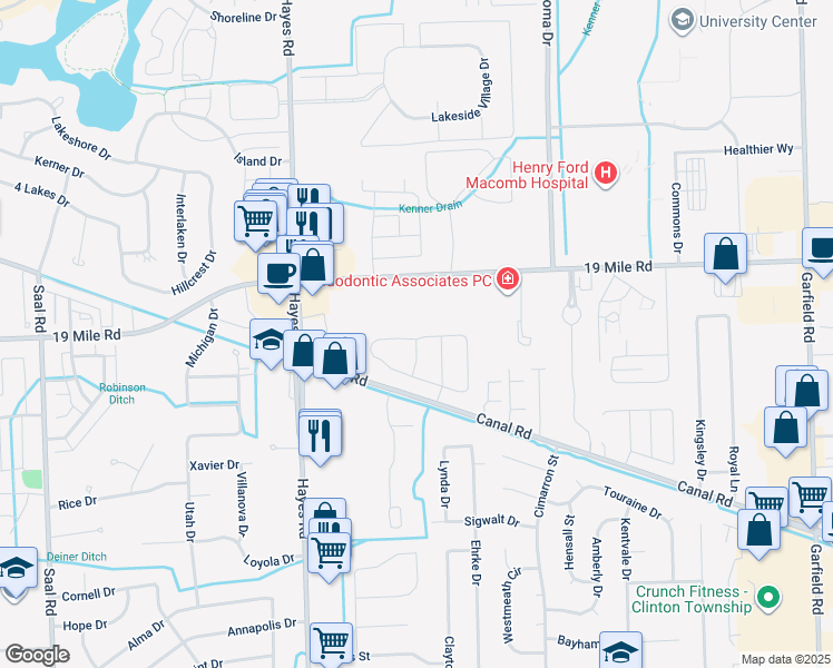 map of restaurants, bars, coffee shops, grocery stores, and more near 15551 Heather Ridge Trail in Clinton Township