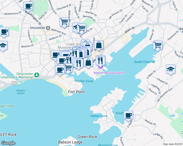 map of restaurants, bars, coffee shops, grocery stores, and more near 11 Harbor Loop in Gloucester