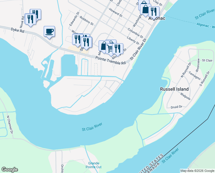 map of restaurants, bars, coffee shops, grocery stores, and more near 326 Lathrop Avenue in Algonac