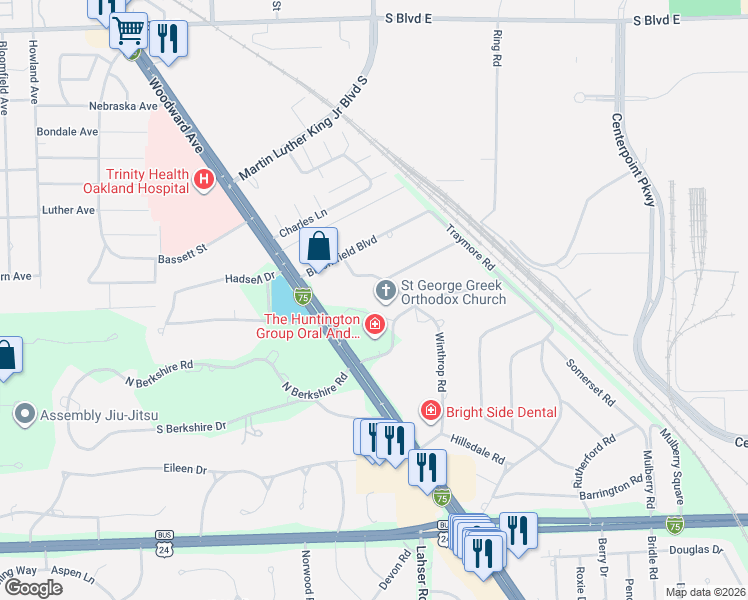 map of restaurants, bars, coffee shops, grocery stores, and more near 43816 Woodward Avenue in Bloomfield Hills