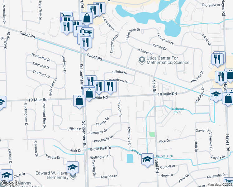 map of restaurants, bars, coffee shops, grocery stores, and more near 42953 Freeport Drive in Sterling Heights
