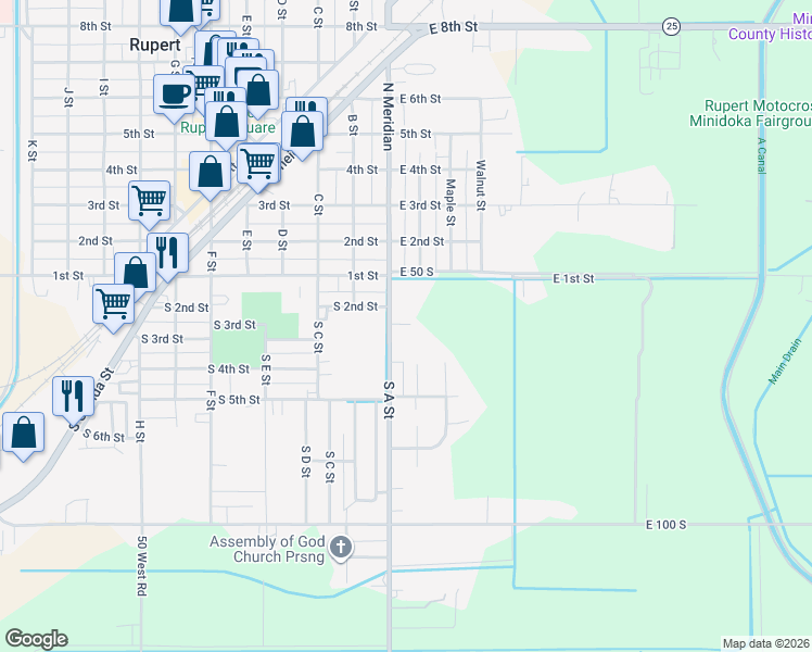 map of restaurants, bars, coffee shops, grocery stores, and more near 210 South A Street in Rupert