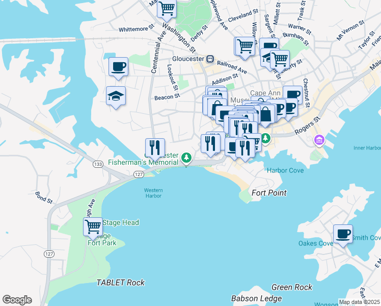 map of restaurants, bars, coffee shops, grocery stores, and more near 45 Western Avenue in Gloucester