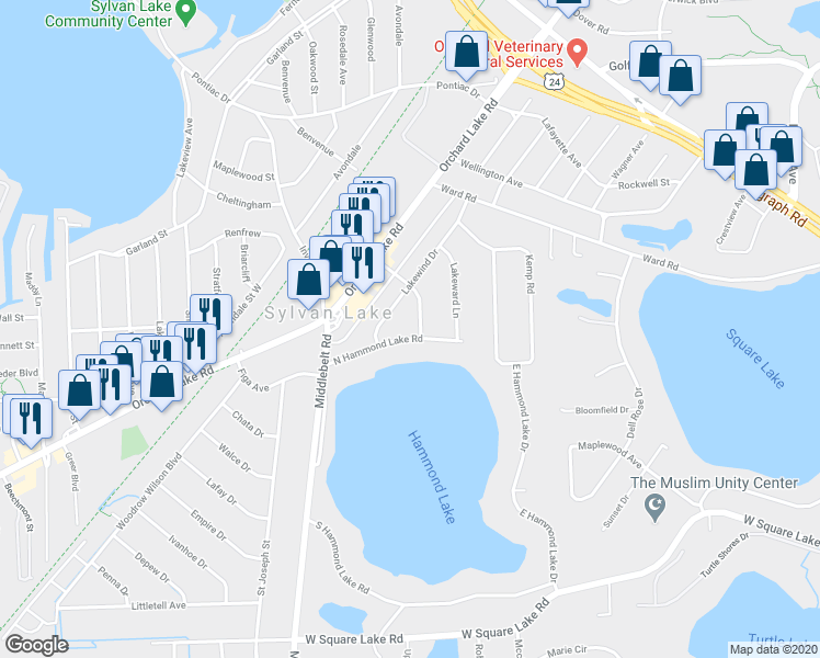 map of restaurants, bars, coffee shops, grocery stores, and more near 2038 North Hammond Lake Road in West Bloomfield Township