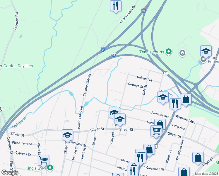 map of restaurants, bars, coffee shops, grocery stores, and more near 135 Poplar Street in Greenfield