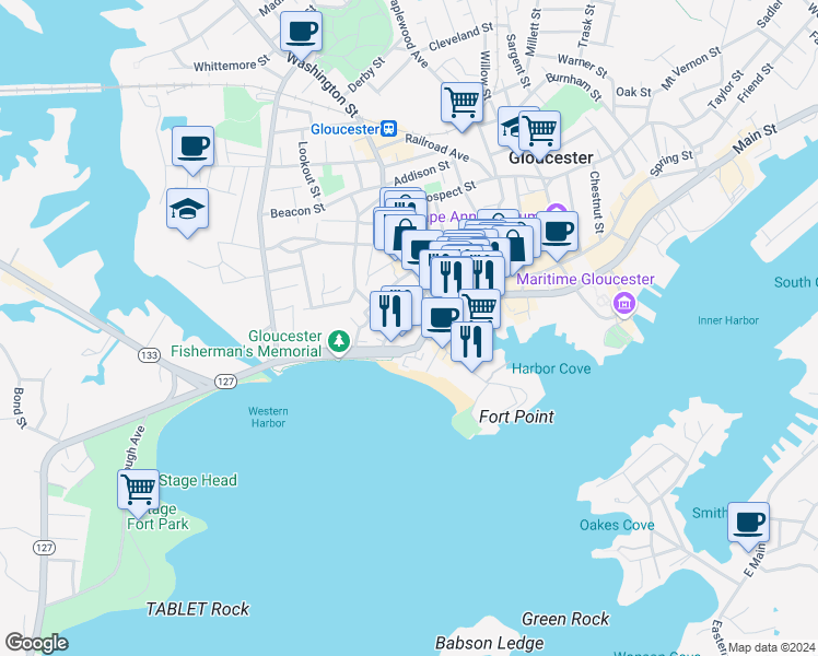 map of restaurants, bars, coffee shops, grocery stores, and more near 25 Western Avenue in Gloucester