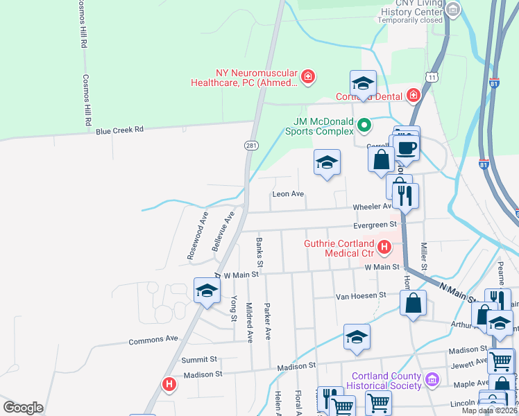 map of restaurants, bars, coffee shops, grocery stores, and more near 96 Wheeler Avenue in Cortland
