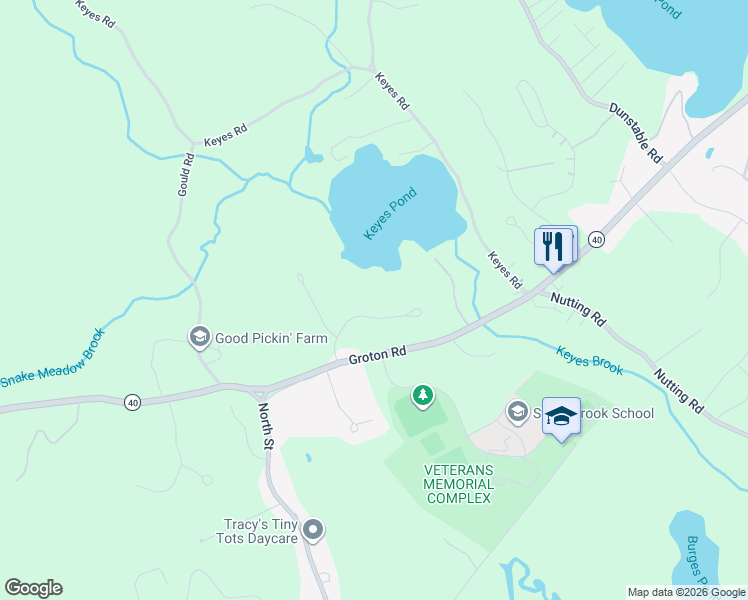 map of restaurants, bars, coffee shops, grocery stores, and more near 7 Pilgrim Drive in Westford