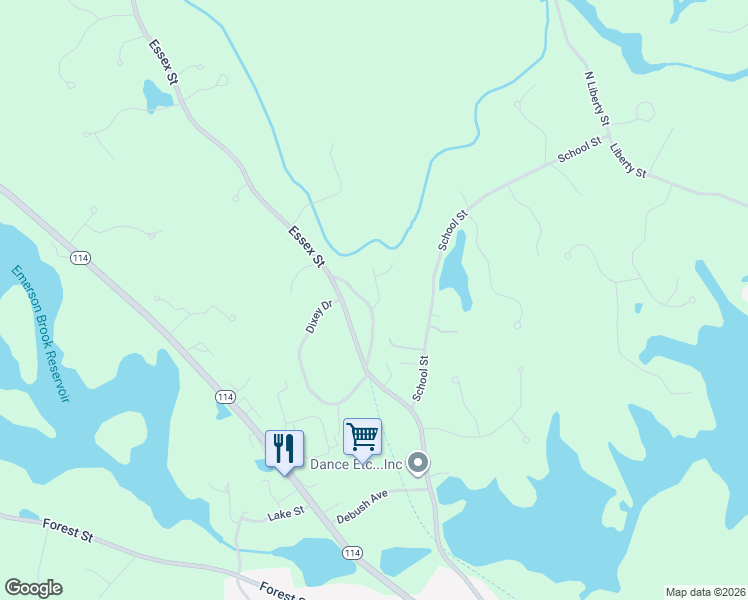 map of restaurants, bars, coffee shops, grocery stores, and more near 12 Old Essex Street in Middleton