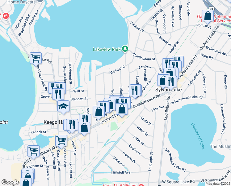 map of restaurants, bars, coffee shops, grocery stores, and more near 1936 Lakeland Avenue in Sylvan Lake