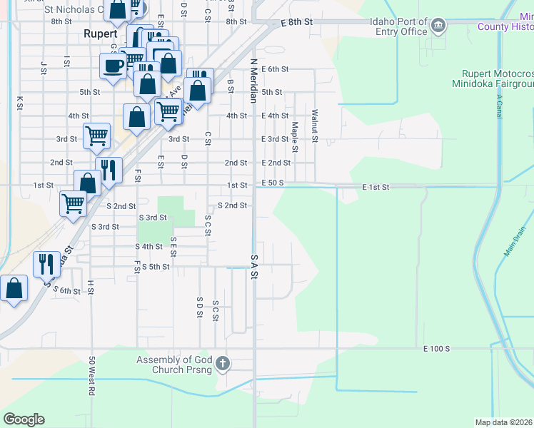 map of restaurants, bars, coffee shops, grocery stores, and more near 210 South A Street in Rupert