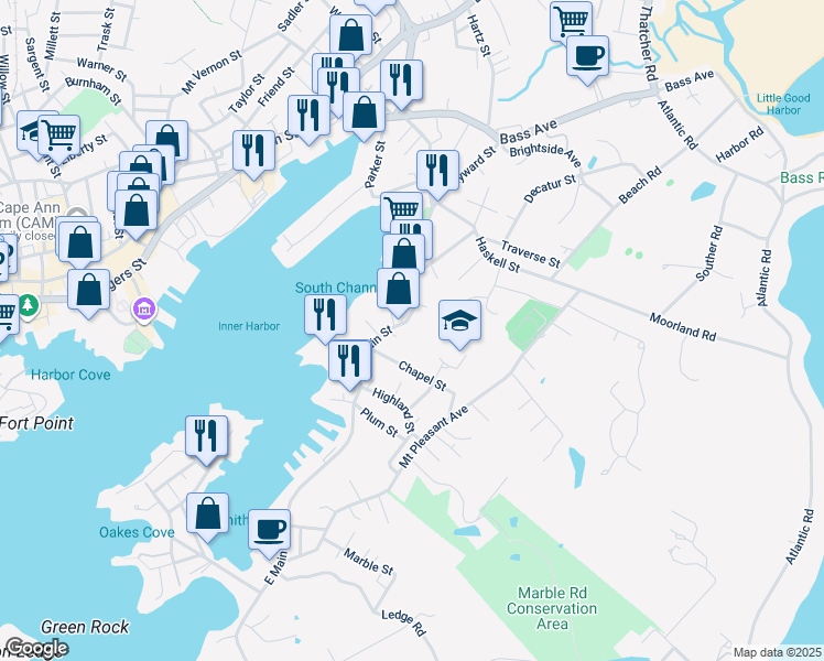 map of restaurants, bars, coffee shops, grocery stores, and more near 6 Davis Street Extension in Gloucester