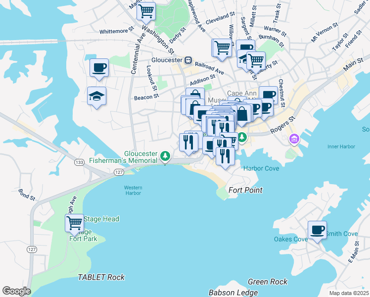 map of restaurants, bars, coffee shops, grocery stores, and more near 25 Western Avenue in Gloucester
