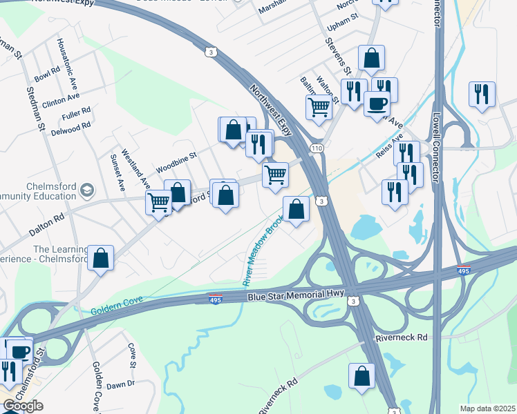 map of restaurants, bars, coffee shops, grocery stores, and more near 3 Katrina Road in Chelmsford