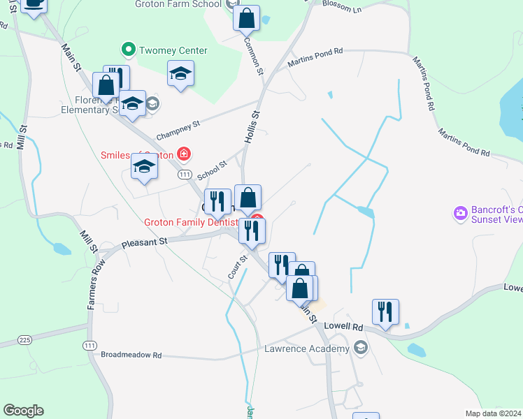 map of restaurants, bars, coffee shops, grocery stores, and more near 24 Hollis Street in Groton