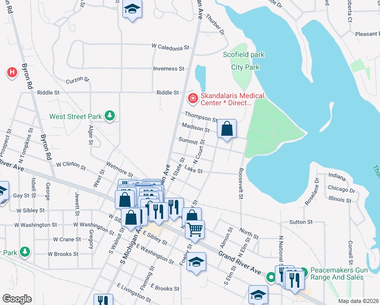 map of restaurants, bars, coffee shops, grocery stores, and more near 504 North State Street in Howell