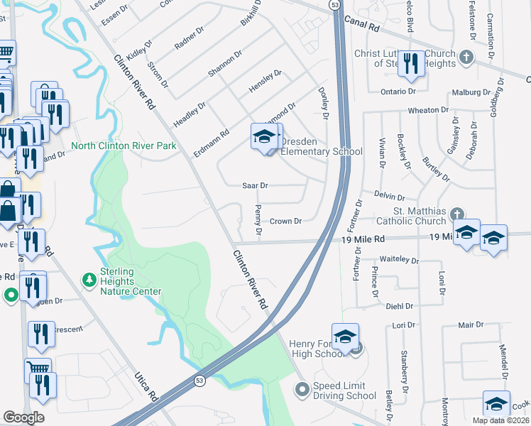 map of restaurants, bars, coffee shops, grocery stores, and more near 43041 Penny Drive in Sterling Heights