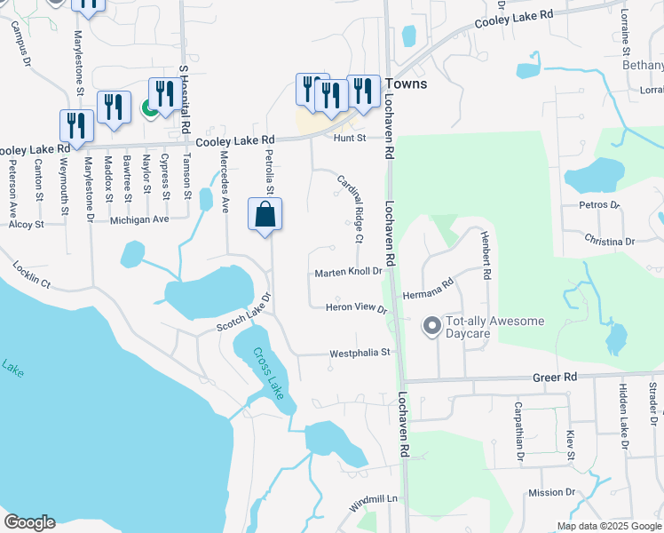 map of restaurants, bars, coffee shops, grocery stores, and more near 6605 Marten Knoll Drive in West Bloomfield Township