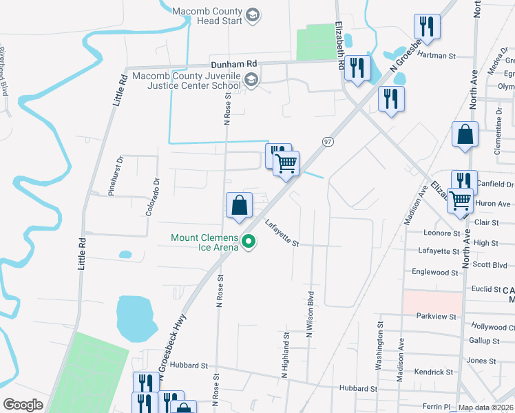 map of restaurants, bars, coffee shops, grocery stores, and more near 325 North Groesbeck Highway in Mount Clemens