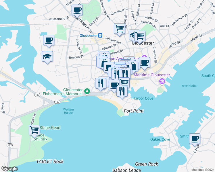 map of restaurants, bars, coffee shops, grocery stores, and more near 25 Western Avenue in Gloucester