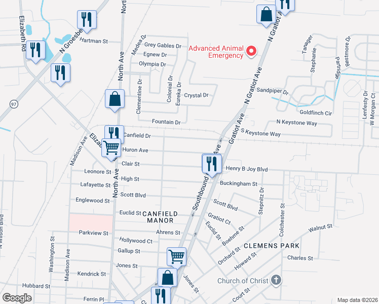 map of restaurants, bars, coffee shops, grocery stores, and more near 40 Clair Street in Mount Clemens