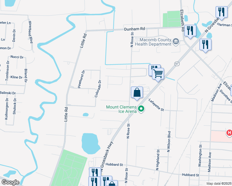 map of restaurants, bars, coffee shops, grocery stores, and more near 42 Ellwood Street in Mount Clemens
